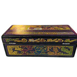 Handcrafted Wooden Trinket Box With Vibrant Animal Motifs &‎ Intricate Designs -